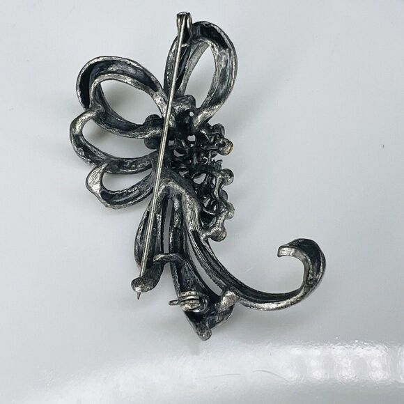 Vintage Purplish Blue Rhinestone Cluster Brooch Silver Tone Bow 4054 - Picture 7 of 9